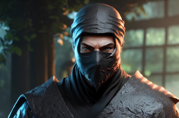 Un ninja masculin avec un masque noir sur son visage couvrant son visage Generative AI