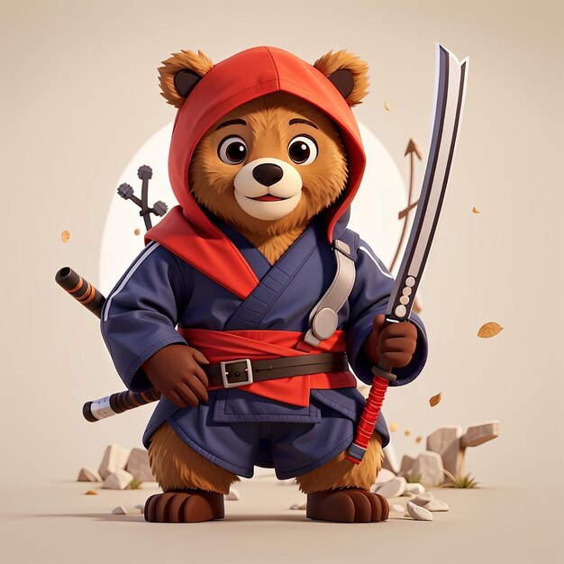 Ninja ours mignon avec une double arme de bâton illustration d'icône vectorielle de dessin animé animal vacances isolé