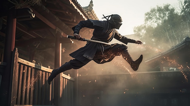 Ninja sautant dans les airs avec une épée à la main