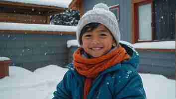 Photo nino canadienne construisant un muneco de neige en le patio trasero avec ropa de hiver