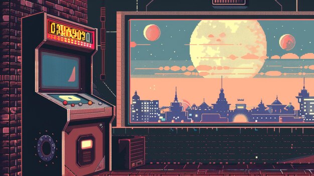 Photo un niveau de jeu d'arcade rétro-inspiré avec des graphismes bits et une illustration générée par l'ia de musique accrocheuse