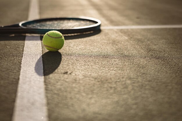 Photo niveau de surface de la balle de tennis et de la raquette sur des lignes blanches sur le terrain de tennis pendant l'espace de copie au coucher du soleil