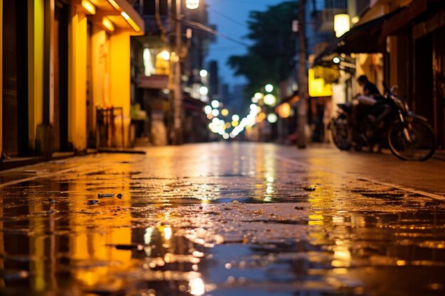 Photo niveau de surface de la rue éclairée humide pendant la saison des pluies