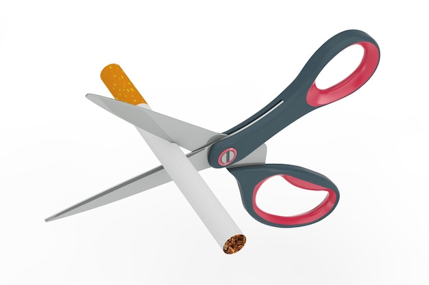 Photo no smoking concept ciseaux couper une cigarette sur un fond blanc rendu 3d