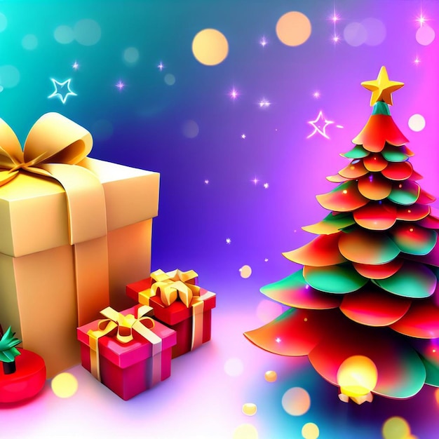 Noël 3D Arrière-plan Photos gratuites avec boîte à cadeaux d'arbre de Noël