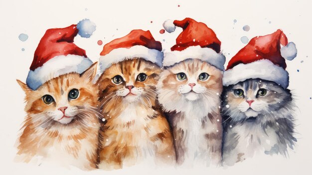 Noël année nouvelle chien chat chapeau rouge Père Noël