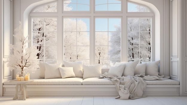 Noël blanc à l'intérieur et grande fenêtre avec la neige à l'extérieur