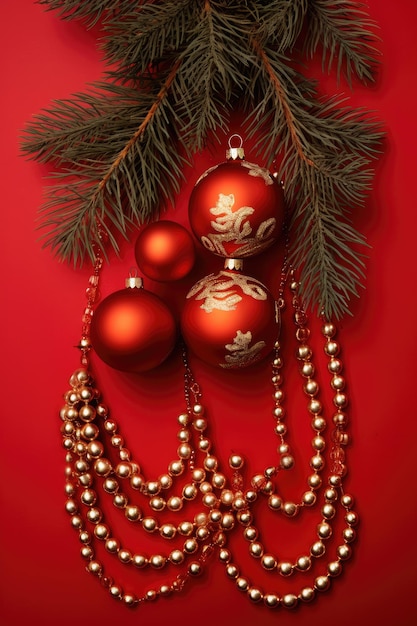 Noël avec des branches de sapin et un ornement de décoration sur une bannière rouge de fond