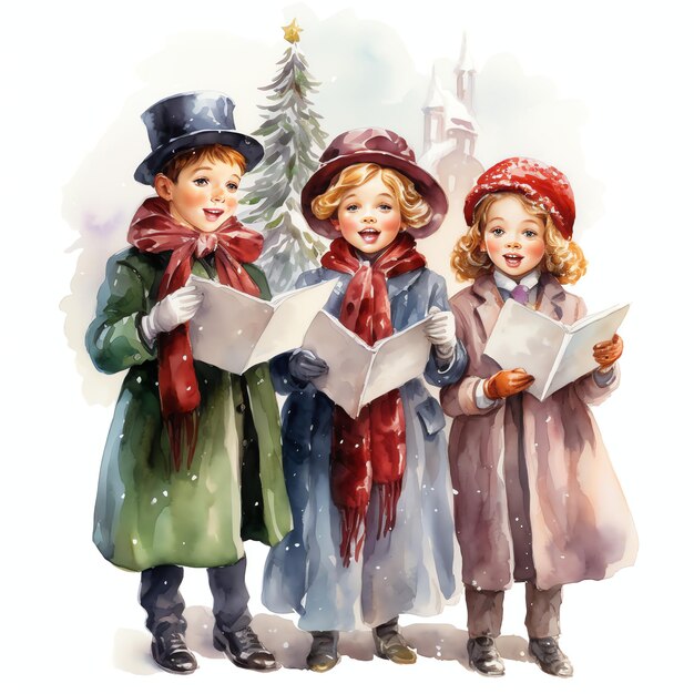 Noël Carolers aquarelle hiver