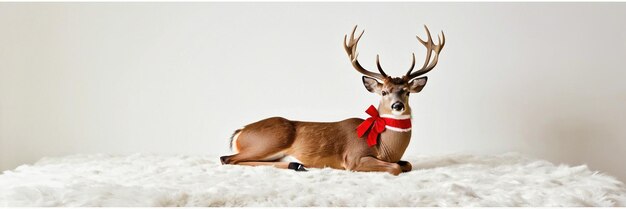 Photo noël cerf à fourrure au corps entier avec un arc rouge jouet à fond blanc