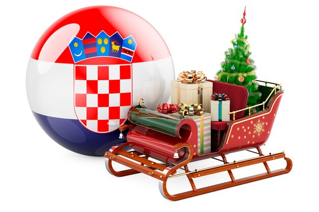 Noël en Croatie concept Noël Santa traîneau plein de cadeaux avec drapeau croate rendu 3D isolé sur fond blanc