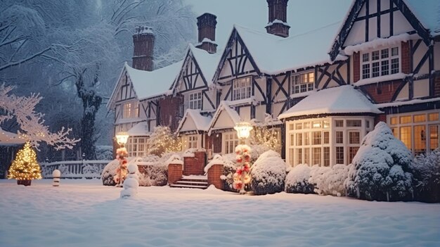 Photo noël dans le manoir de campagne maison de campagne anglaise décorée pour les vacances lors d'une soirée d'hiver enneigée avec de la neige et des lumières de noël design joyeux noël et joyeuses fêtes