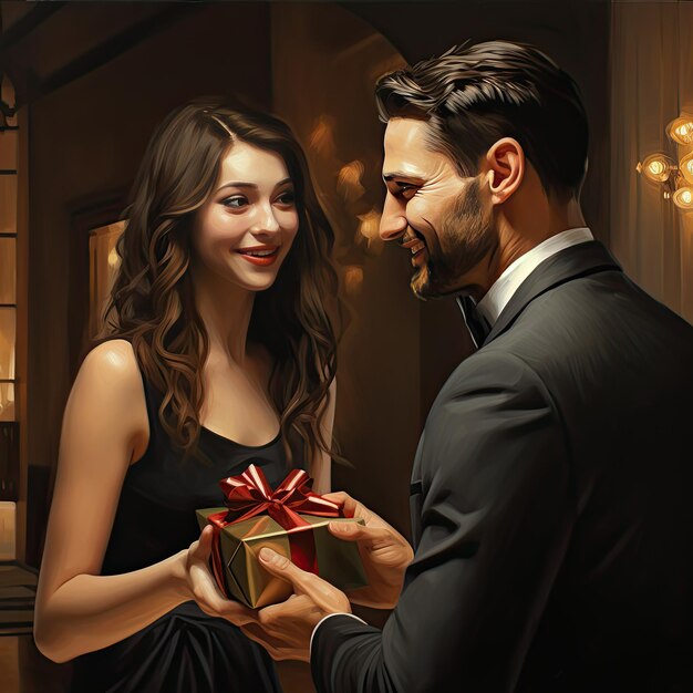 Noël donnant Homme donnant un cadeau rouge à une femme Saint Valentin Noël IA générative