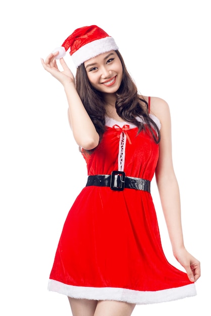 Noël Femme Beauté Modèle Asiatique Fille En Costume De Père Noël Isolé Sur Fond Blanc