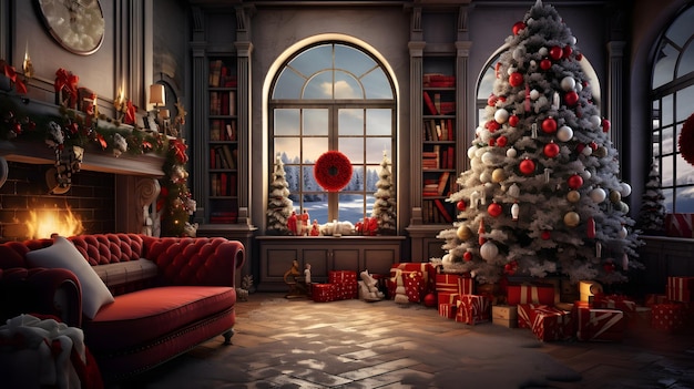 Un Noël festif Un salon avec une cheminée et des cadeaux