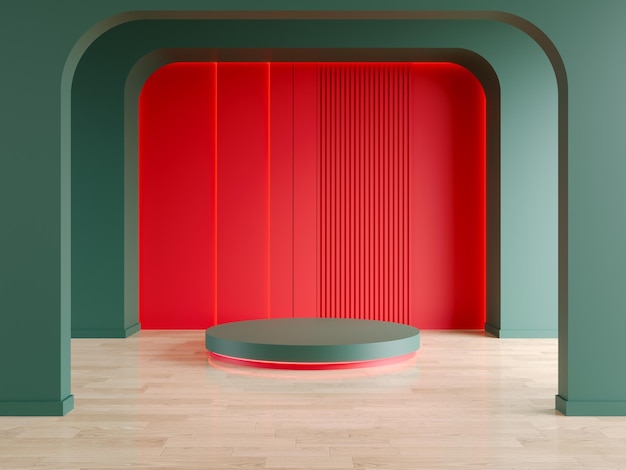 Noël et joyeux Nouvel An Intérieur de la pièce vide et podium mur vert et rouge rendu 3d