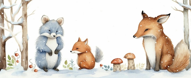 Noël mignon animaux de la forêt en bois Joyeux Noël Bonne année Illustration aquarelle isolée sur blanc