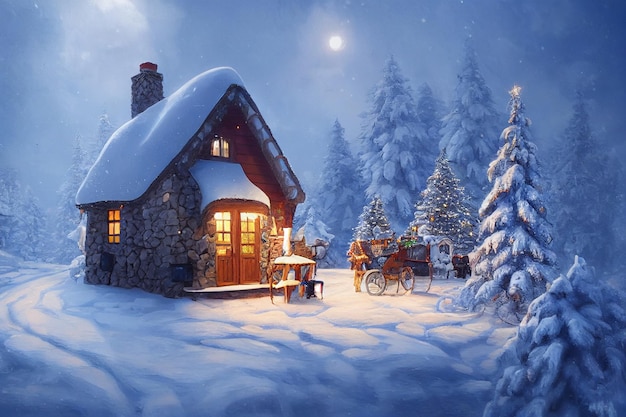 Noël un petit chalet sur le dessus de l'illustration 3D