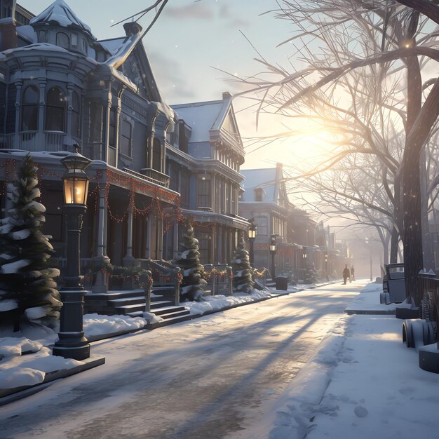 Photo noël en plein air en hiver rue enneigée avec la lumière dans les maisons la nuit scène de noël en ville