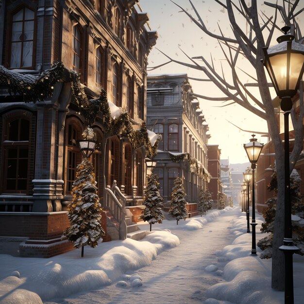 Photo noël en plein air en hiver rue enneigée avec la lumière dans les maisons la nuit scène de noël en ville