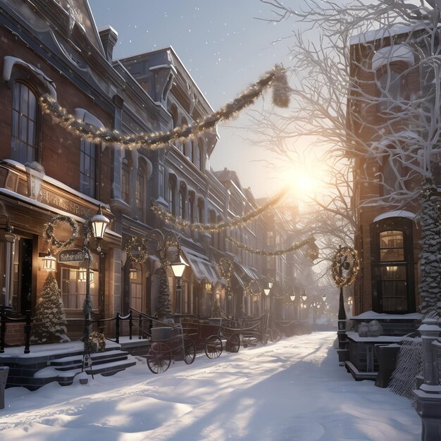 Noël en plein air en hiver rue enneigée avec la lumière dans les maisons la nuit scène de Noël en ville