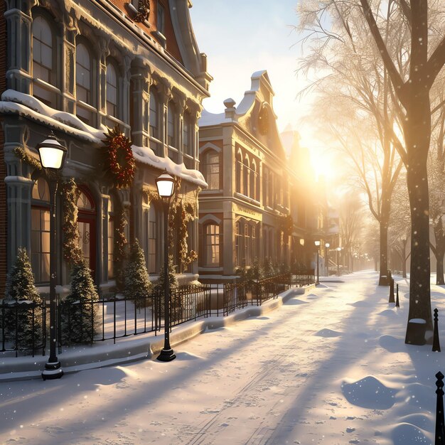 Photo noël en plein air en hiver rue enneigée avec la lumière dans les maisons la nuit scène de noël en ville