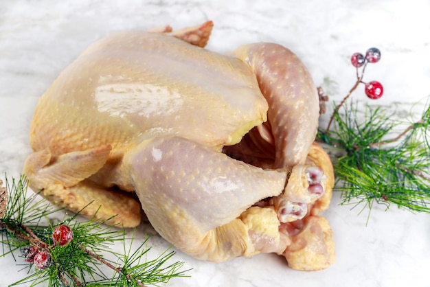 Noël poulet cru entier sur fond blanc Clouse vers le haut