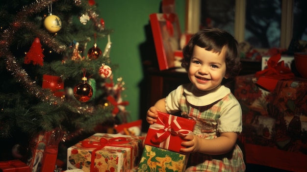 Noël rétro enfants et cadeaux à l'arbre de Noël