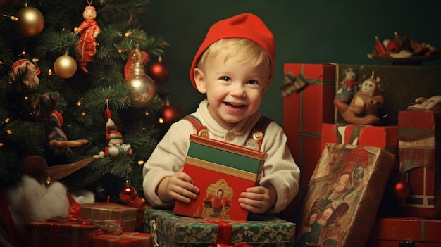 Noël rétro enfants et cadeaux à l'arbre de Noël