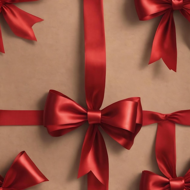 Un nœud cadeau rouge avec des rubans sur fond de papier artisanal