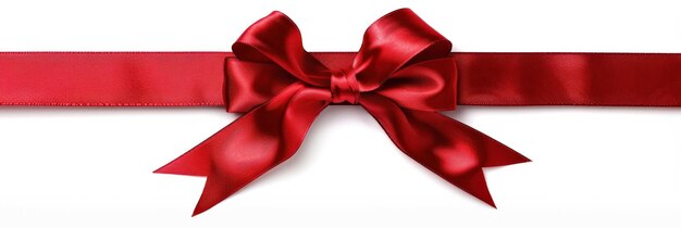 Un nœud décoratif rouge avec un ruban rouge horizontal sur un ruban cadeau à fond blanc pour la décoration