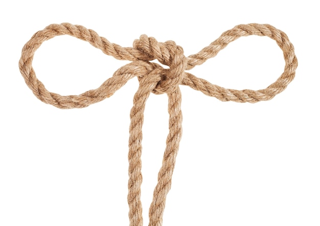 Photo noeud de fou de tom attaché sur une corde de jute épaisse isolée