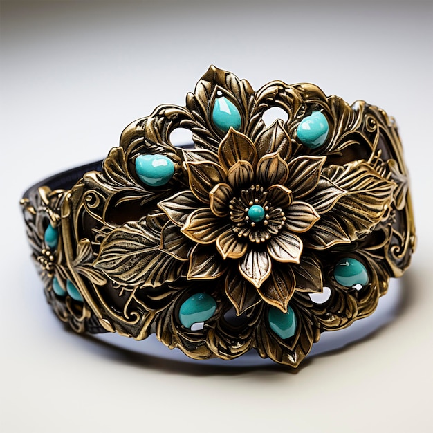 Photo nœud gothique à fleurs en relief ceinture en cuir à selle concho turquoise