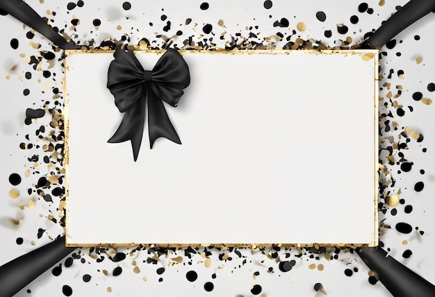 Noeud noir avec des confettis dorés sur fond le concept de cadeaux de vacances et de ventes noir
