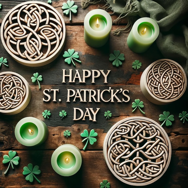 Des nœuds celtiques et des bougies vertes à plat placé espace central vide pour les célébrations de Saint-Patrick