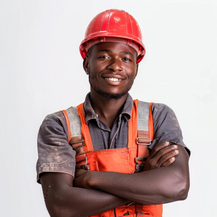 Photo noir antillais de 30ans ouvrier propre avec une salopette rouge avec un casque de chantier souriant pouce leve hyperealiste fond blanc id d'emploi 0443359a8ca84533bef27dc728bc4b8d