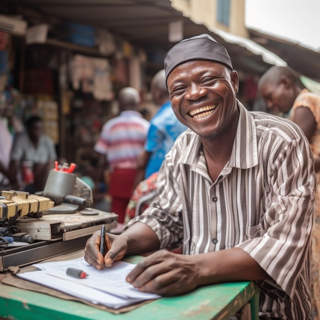 Un Noir heureux souriant dans un marché