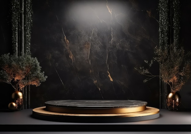 Noir et or avec feuille podium de scène pour les produits décoration appropriée AI générative