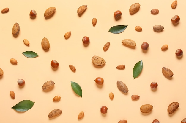 Noisettes et amandes saines sur la surface de couleur