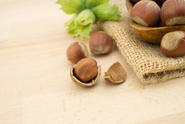 Des noisettes brunes mûres et de jeunes noisettes avec des feuilles à côté du sac de jute sur une table en bois.