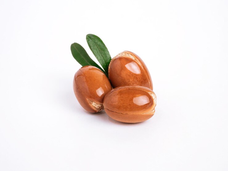 Photo noix d'argan marocain avec des feuilles vertes sur fond isolé blanc
