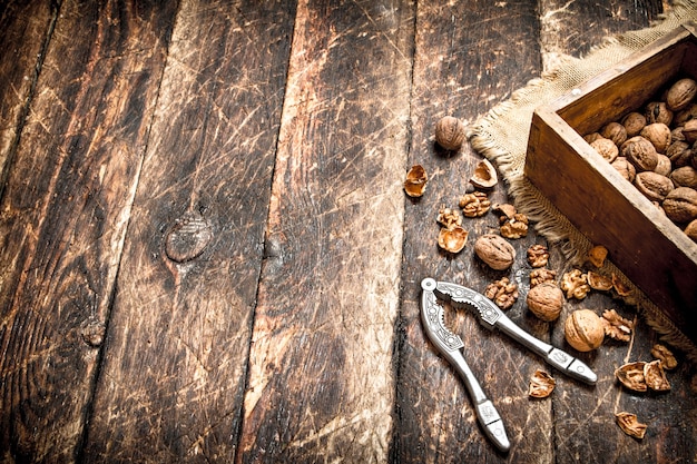 Noix en boîte avec casse-noisette sur table en bois.