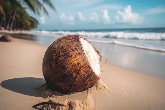 Une noix de coco assise au sommet d'une plage de sable AI générative