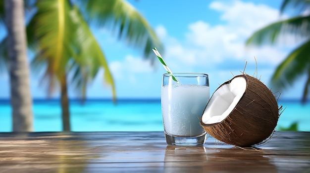 Noix de coco et boisson rafraîchissante sur un fond de plage tropicale IA générative