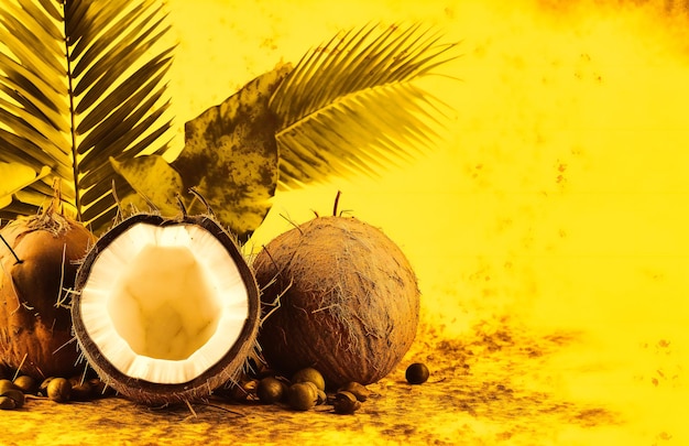 Noix de coco en bordure sur fond jaune