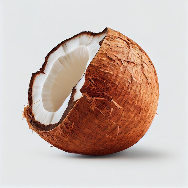 Une noix de coco avec coquille sur fond blanc