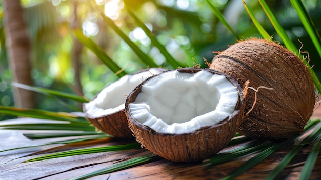 Photo une noix de coco divisée en deux sur une table en bois avec des feuilles de palmier en arrière-plan