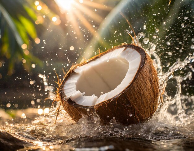 Une noix de coco éclaboussée dans l'eau en gros plan