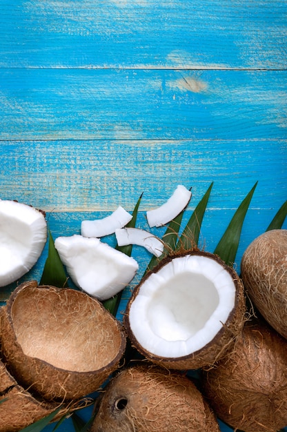 Noix de coco entière, coquille, feuilles de palmier vert sur un fond en bois bleu. Copiez l'espace. Vue de dessus, pose à plat. Contexte tropical.