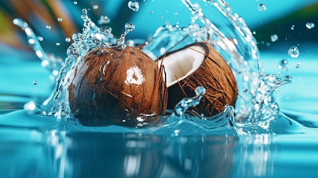 La noix de coco exotique mûre tombe dans l'eau avec des éclaboussures Generative Ai